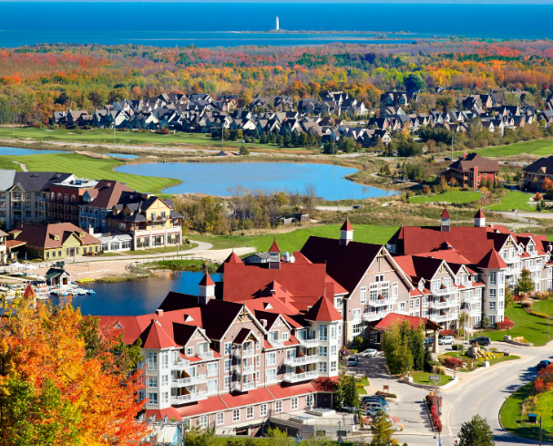 Aerial view of Blue Mountain Village in autumn