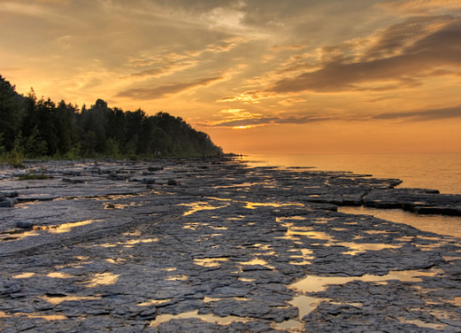Georgian Bay shoreline at sunset near The Blue Mountains